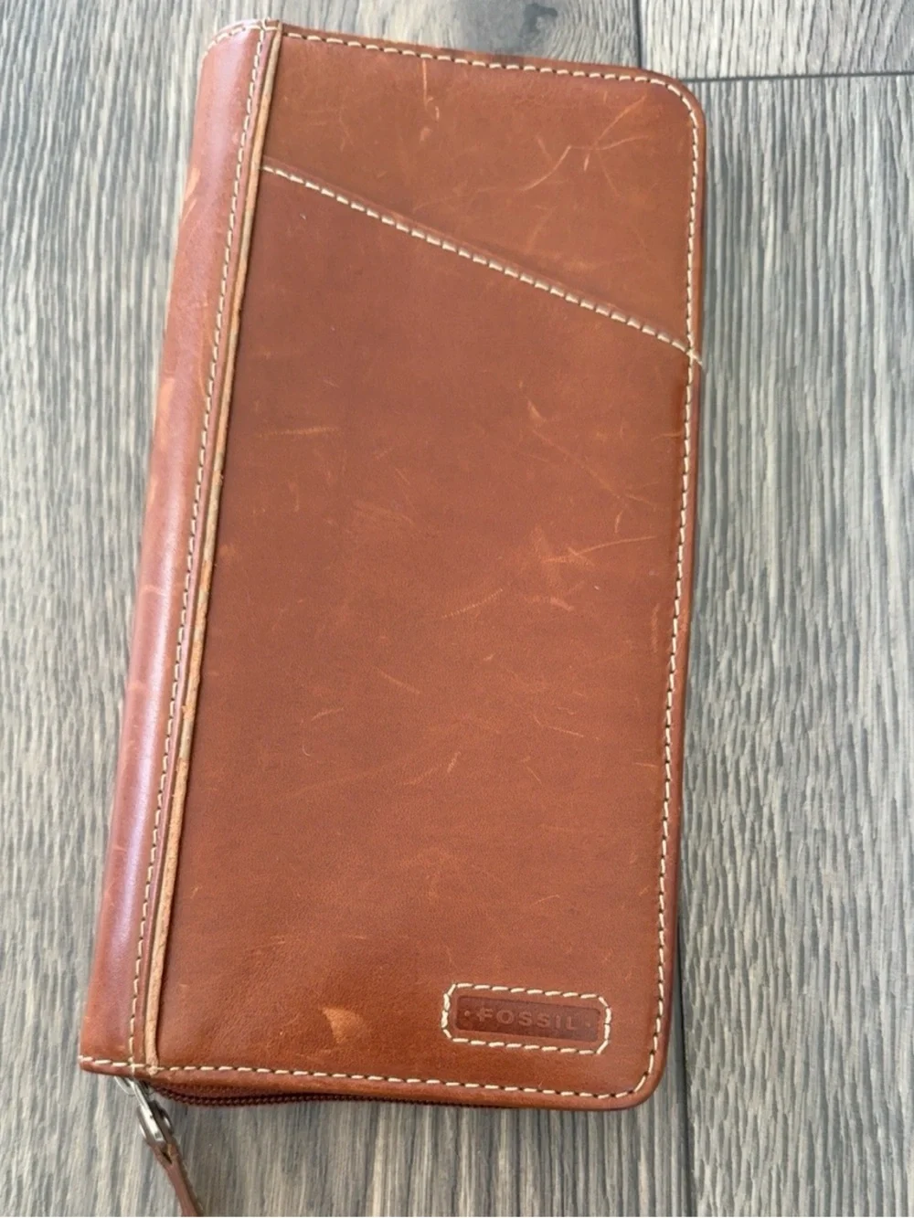 Fossil Genuine Leather Zip Around Passport Travel Organizer Wallet Brown
